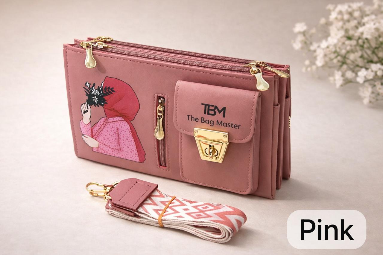 The Bag Master Signature Illustrated Multi-Compartment Cross body Bag with Detachable Geometric Patterned Straps ( BLACK)