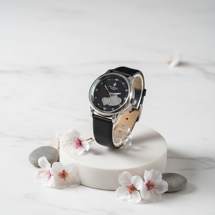 Elegant Crystal Time Women's Black Leather Strap Watch with Pave Crystal Heart Accents( WITHOUT BOX )