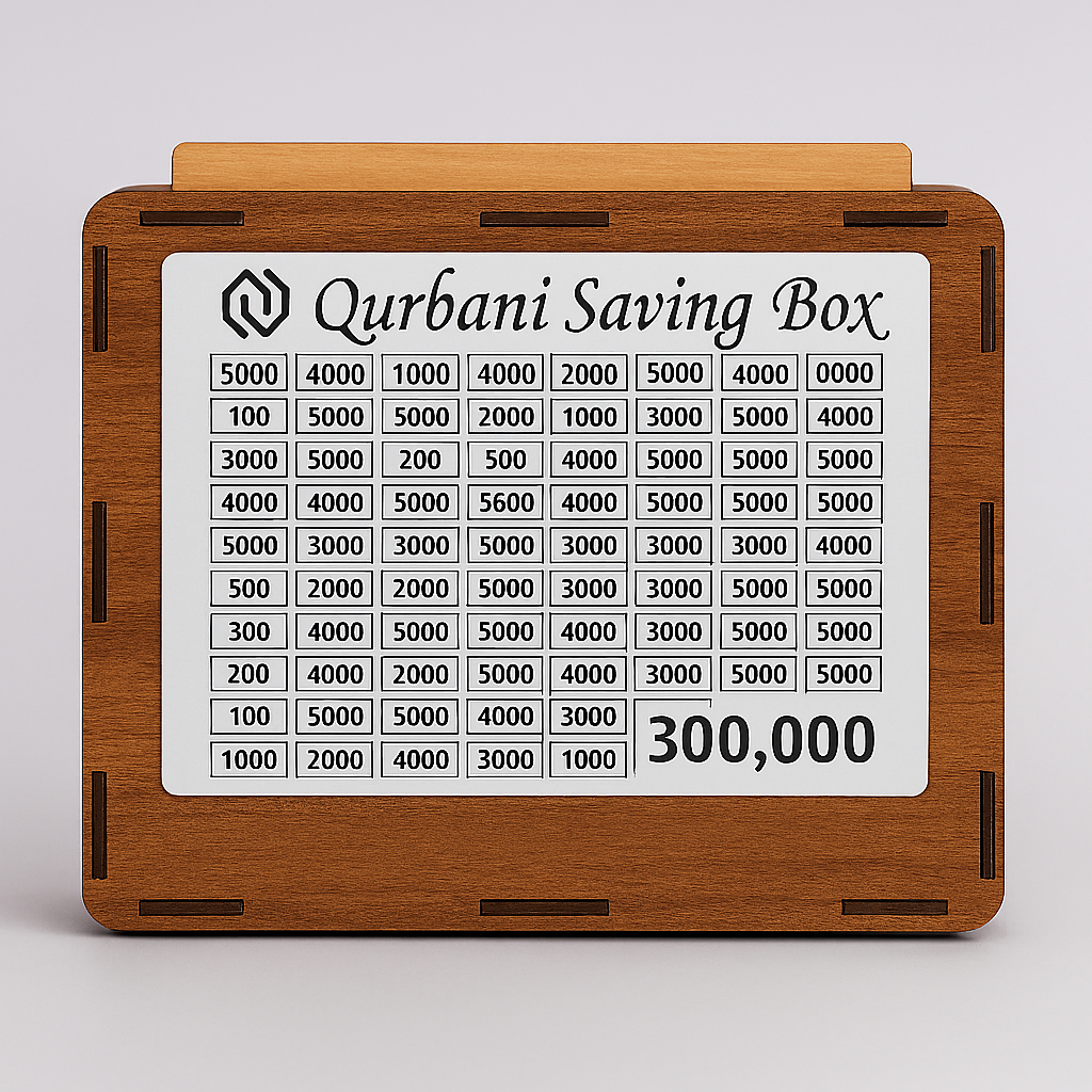 Wooden Saving Box with 3 Stickers (Qurbani, Umrah & Money Saving)  Target Chart Money Bank
