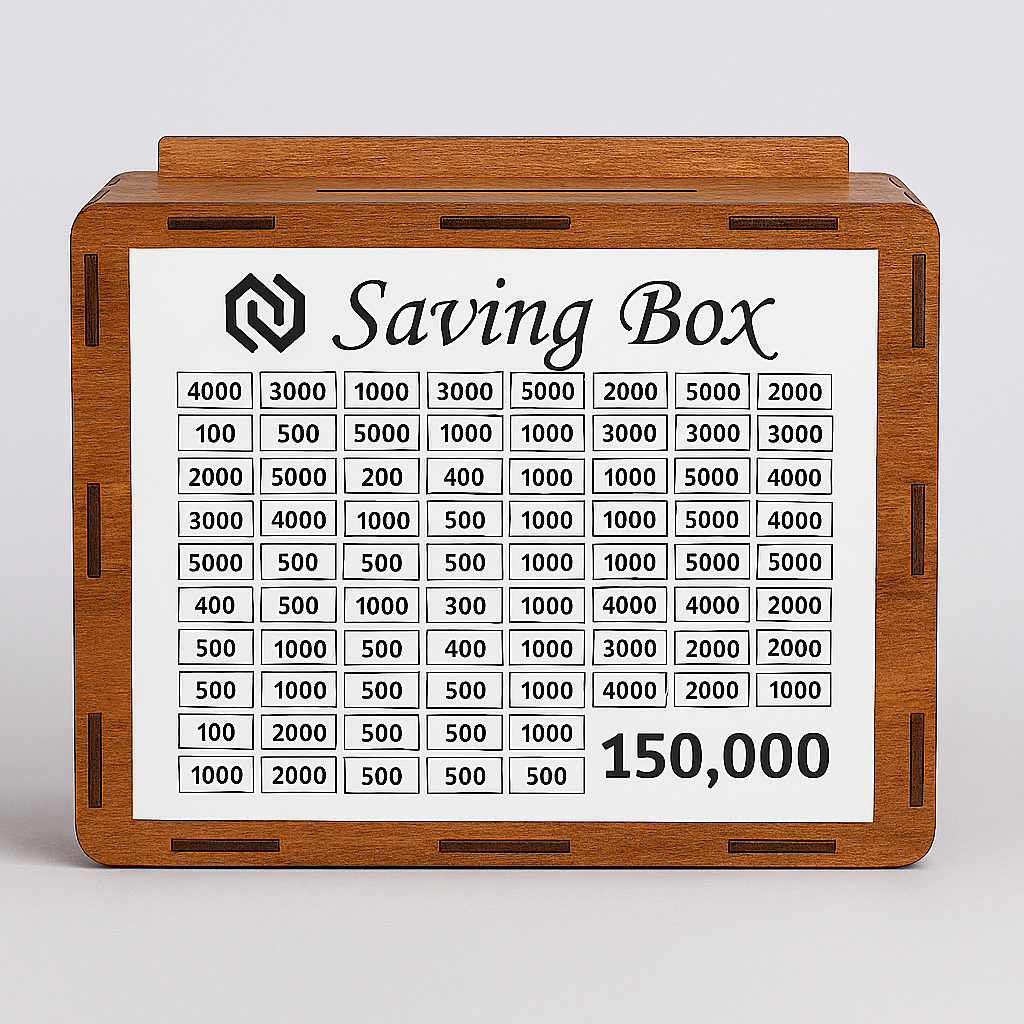 Wooden Saving Box with 3 Stickers (Qurbani, Umrah & Money Saving)  Target Chart Money Bank