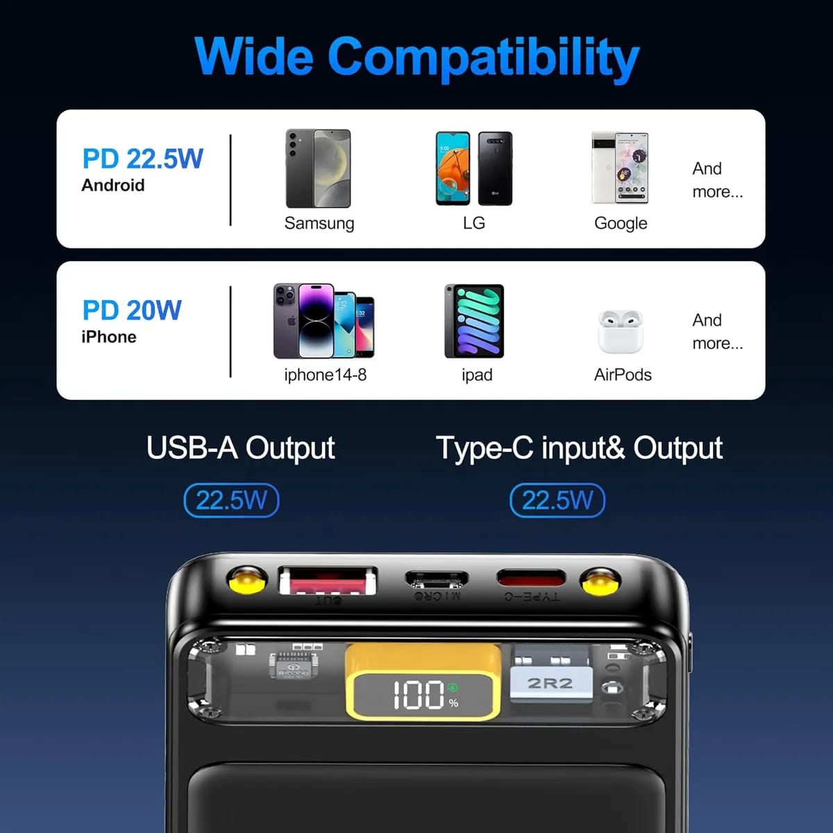 10000mAh Power Bank  PD Fast Charging with Digital Display &amp; Full Capacity Backup (Random color)