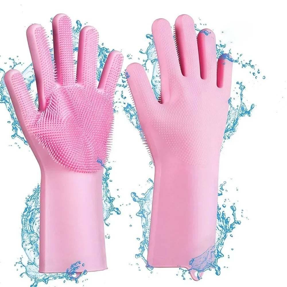 Magic Silicone Dish Washing Gloves | Reusable Heat-Resistant Rubber Cleaning Gloves with Built-In Scrubber for Kitchen, Dishes, Car, Bathroom & Household Use (1 Pair)