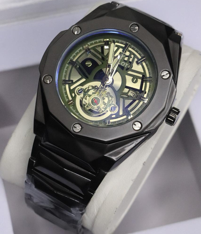 HB Men's Automatic Skeleton Wristwatch | Industrial-Chic Stainless Steel ( without box) Case with Genuine Leather Strap | Self-Winding Mechanical Movement ( BLACK )