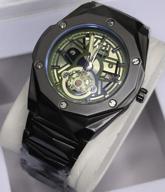 HB Men's Automatic Skeleton Wristwatch | Industrial-Chic Stainless Steel ( without box) Case with Genuine Leather Strap | Self-Winding Mechanical Movement ( BLACK )