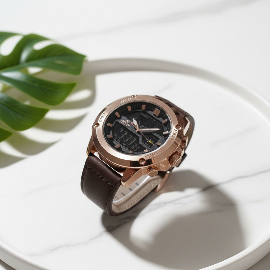 The Apex Emerald Field Watch Featuring a Brushed Rose Gold Bezel Multi Function Chronograph Dial