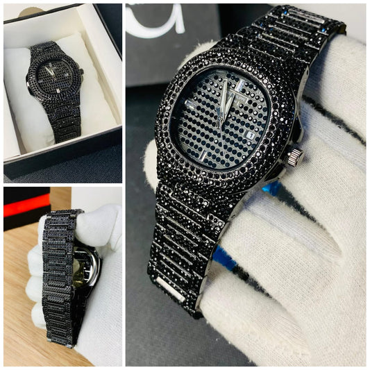 Iced Out Men Watch Diamond Steel Luxury Stylish Durable Quality Timeless Design - Black