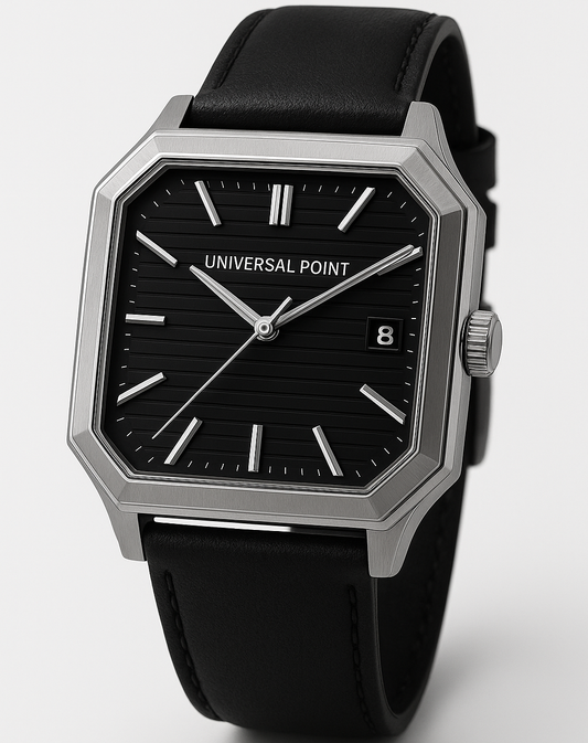 Universal Point UP 1988 – Square Dial Leather Strap Watch | Stainless Steel Case | Water Resistant 3 ATM (With Box)