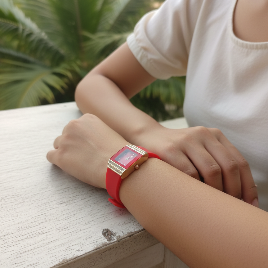 Luxury Women’s Diamond Quartz Watch – Elegant Square Dial Wristwatch With Crystal Accents And Stylish Silicone Strap (Black)