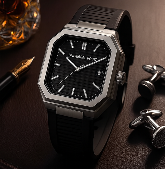 Universal Point UP 1988 – Square Dial Leather Strap Watch | Stainless Steel Case | Water Resistant 3 ATM (With Box)