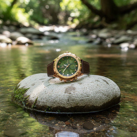The Apex Emerald Field Watch Featuring a Brushed Rose Gold Bezel Multi Function Chronograph Dial
