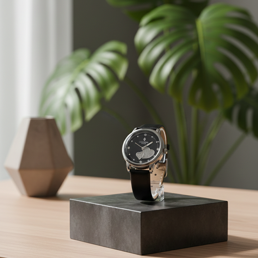 Elegant Crystal Time Women's Black Leather Strap Watch with Pave Crystal Heart Accents( WITHOUT BOX )