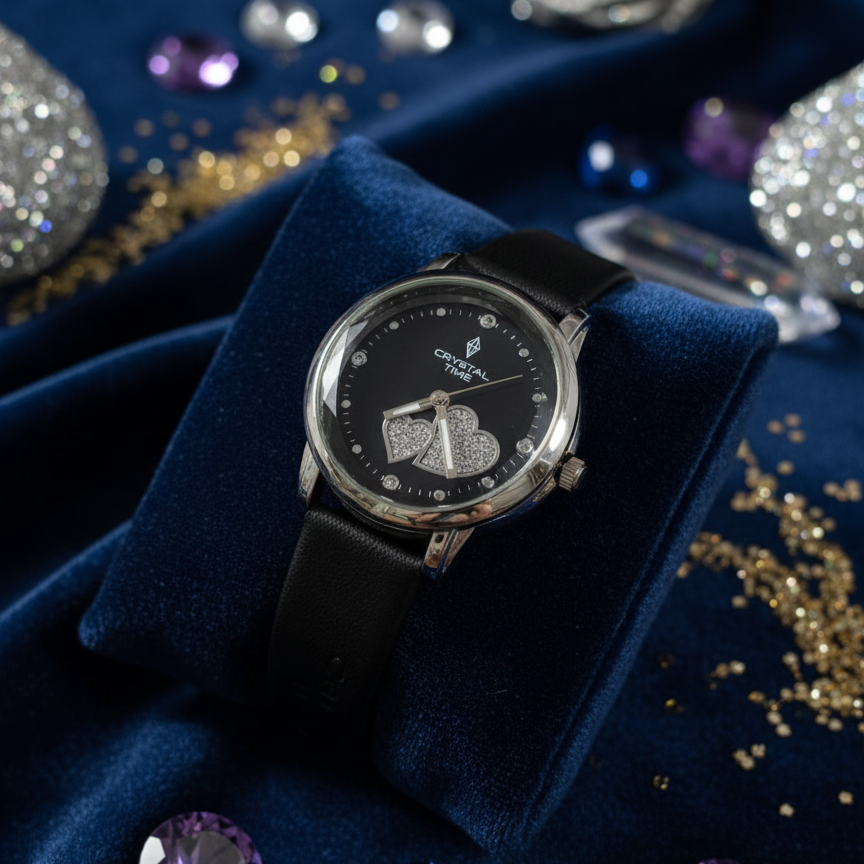 Elegant Crystal Time Women's Black Leather Strap Watch with Pave Crystal Heart Accents( WITHOUT BOX )