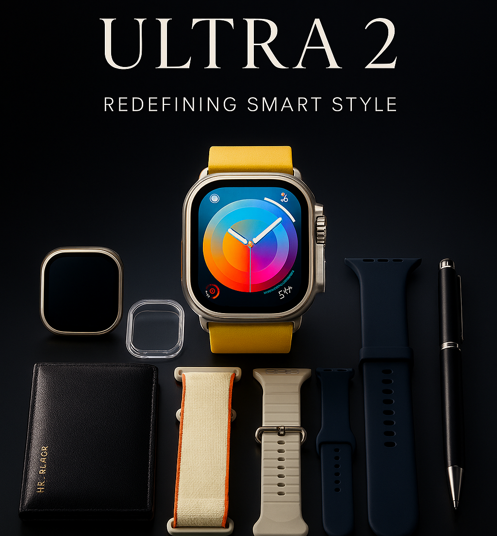 Smartwatch with interchangeable straps and accessories on a dark background, featuring 'Experience Ultra 2' text.