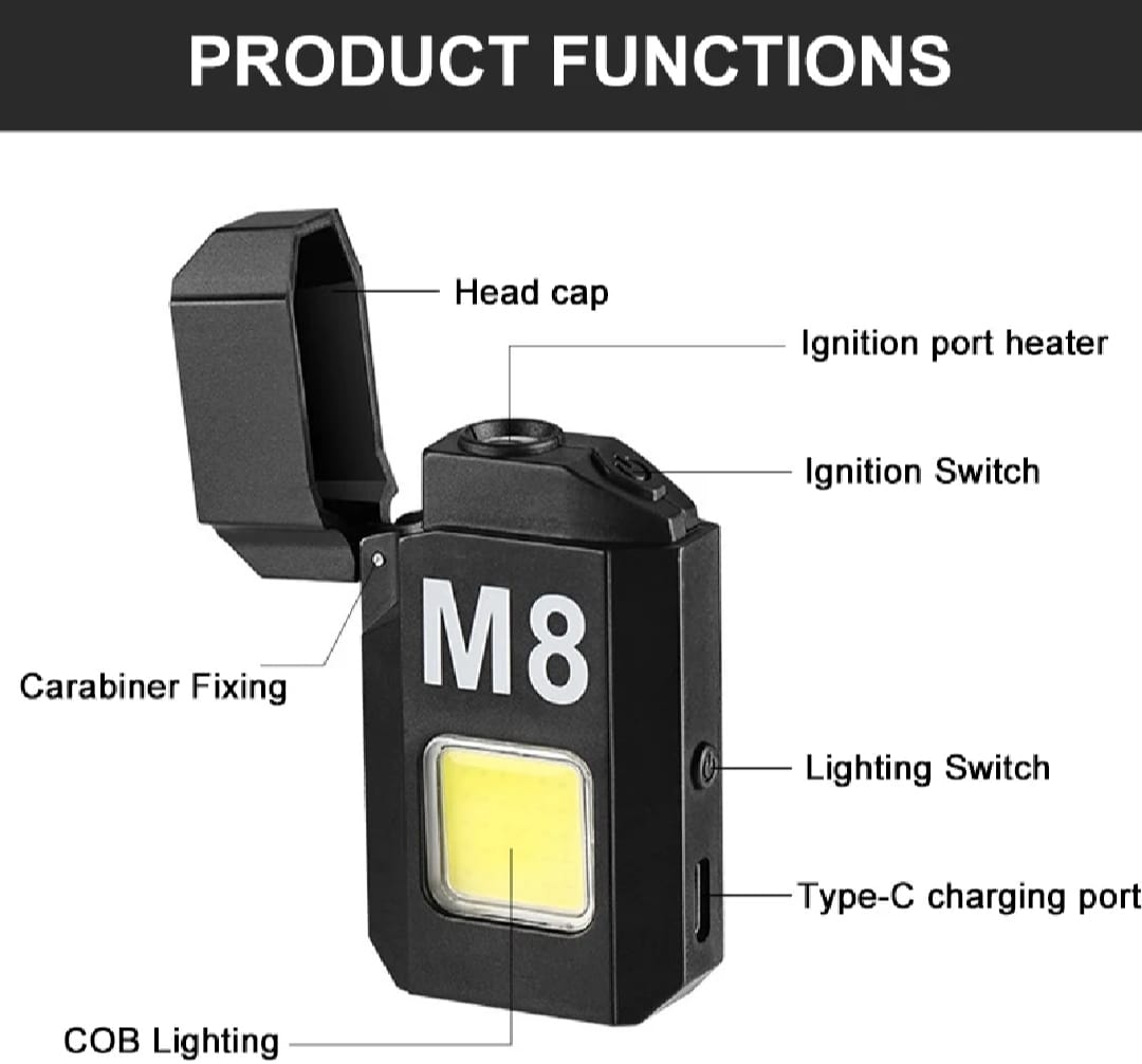 DH-001 COB Led Flashlight With Lighters Dual Arc Pulse Flameless Lighter Type C Rechargeable Lighter Work Light Mini Light Men's Gift | Dual Arc Pulse Flameless Lighter