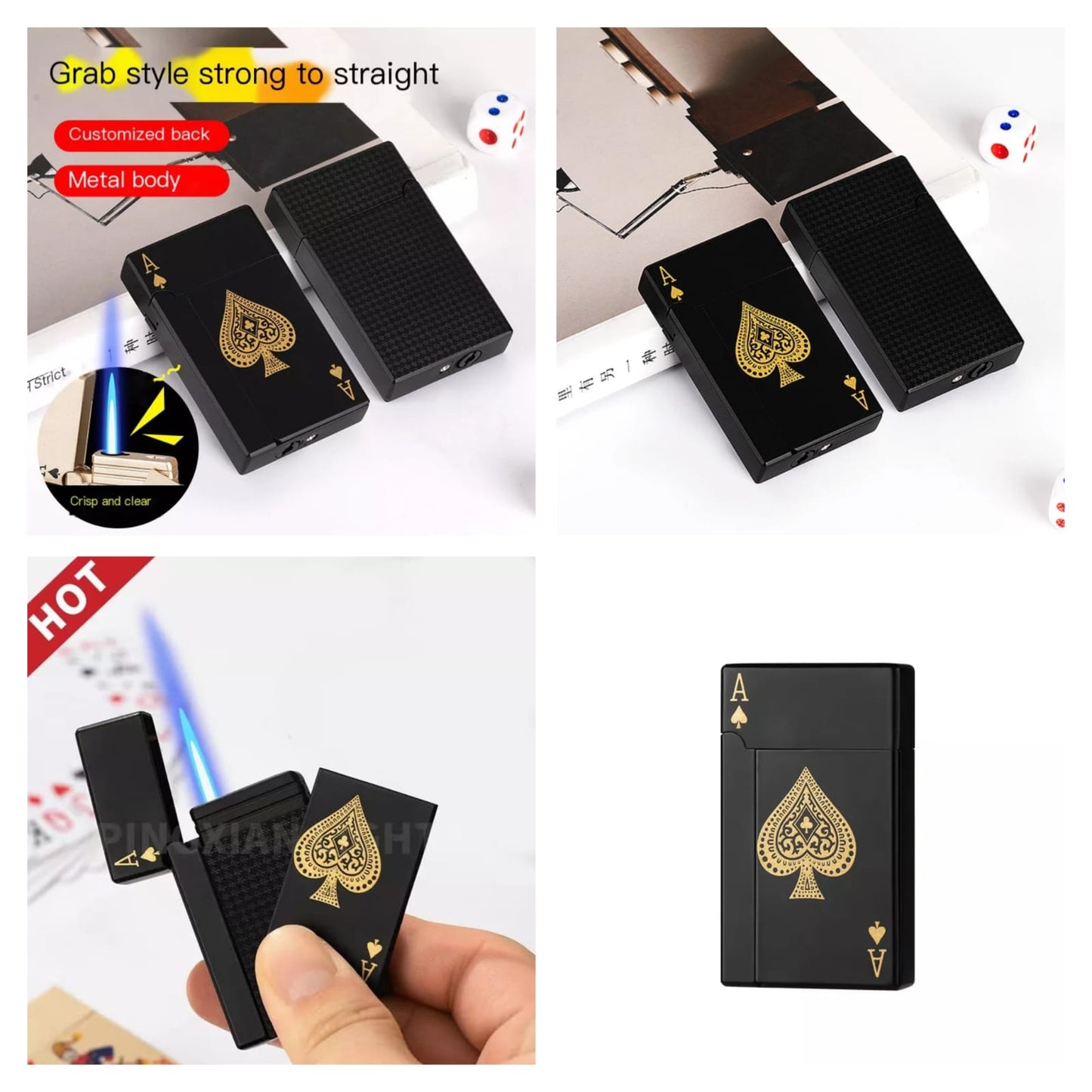 Jet Torch Playing Card Lighter, Green Flame Ace Card Lighter Windproof Refillable Lighter Playing Cards Cool Design (Metal Body) random color - Gold
