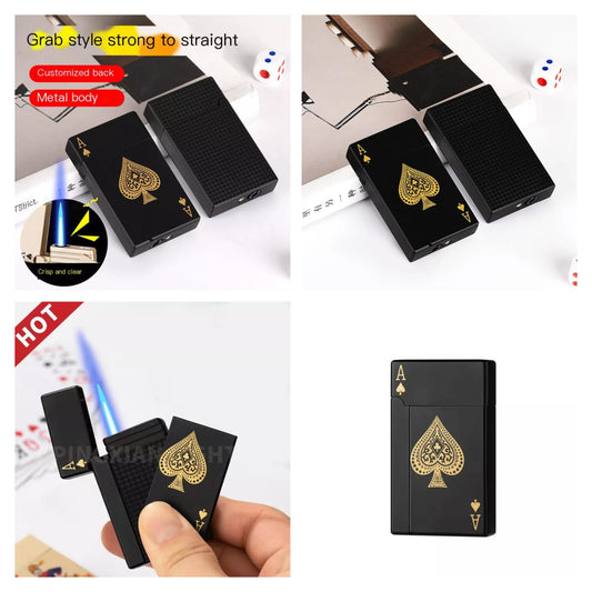 Jet Torch Playing Card Lighter, Green Flame Ace Card Lighter Windproof Refillable Lighter Playing Cards Cool Design (Metal Body) random color - Gold