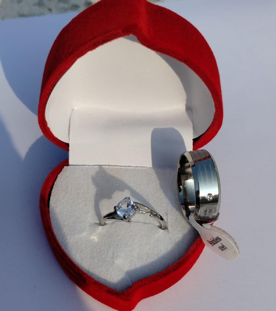 Elegant Stainless Steel Eternal Promise Couple Ring Set Featuring a Sparkling Solitaire Engagement Ring and a Sophisticated Modern Band for Lovers ( free size )