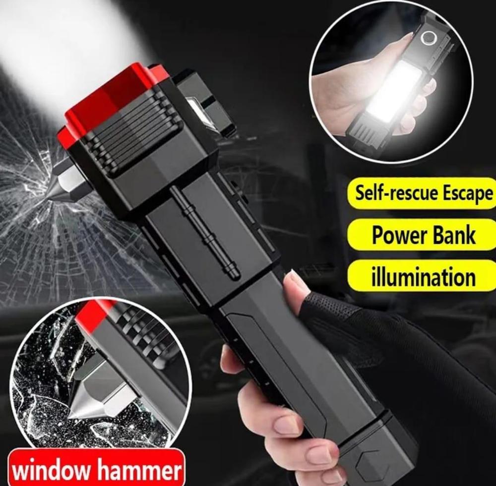 High-Power LED Torch Light Rechargeable Flashlight With Multifunctional Tactical Hammer And Power Bank Feature With Box (Random Color)