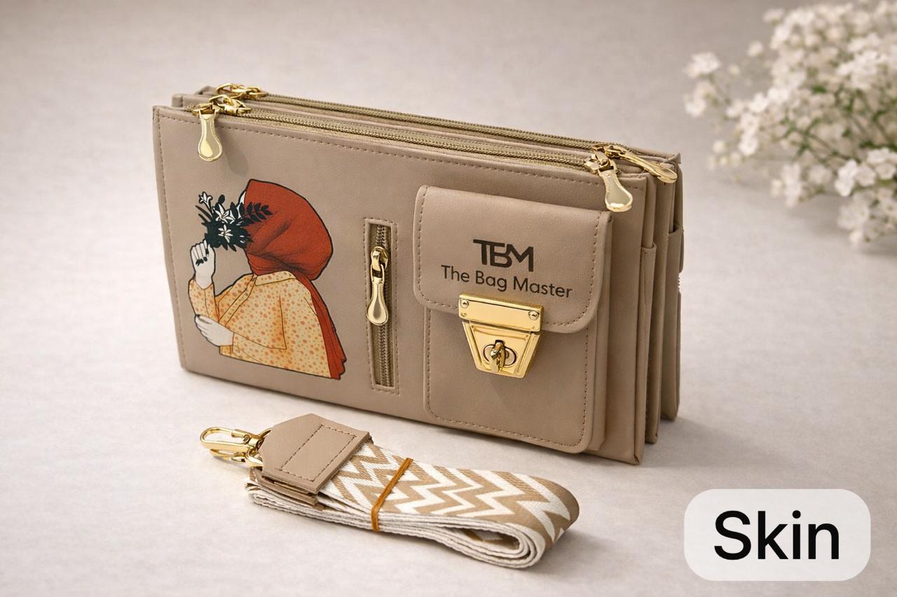 The Bag Master Signature Illustrated Multi-Compartment Cross body Bag with Detachable Geometric Patterned Straps ( BLACK)