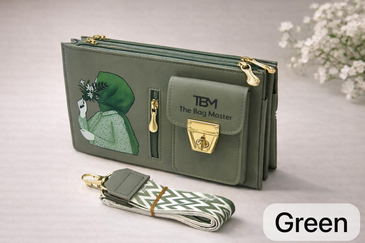 The Bag Master Signature Illustrated Multi-Compartment Cross body Bag with Detachable Geometric Patterned Straps ( BLACK)