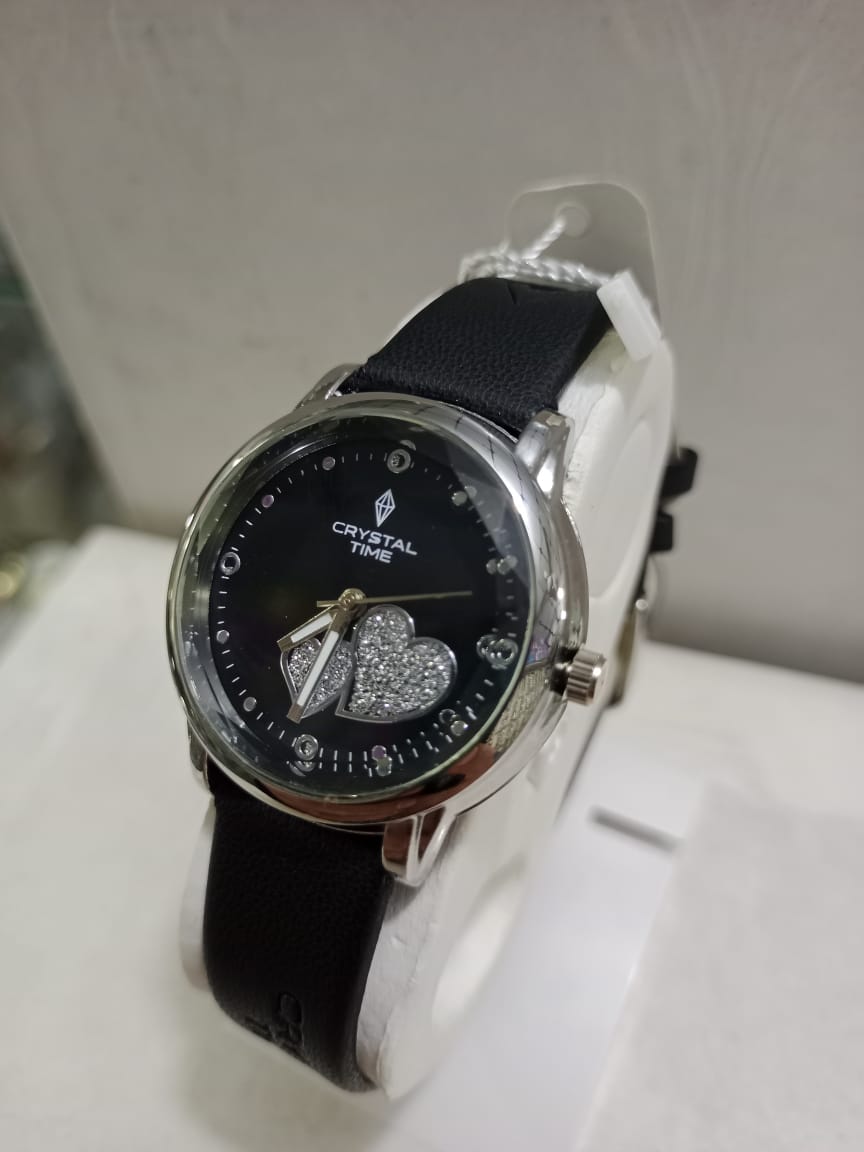Elegant Crystal Time Women's Black Leather Strap Watch with Pave Crystal Heart Accents( WITHOUT BOX )
