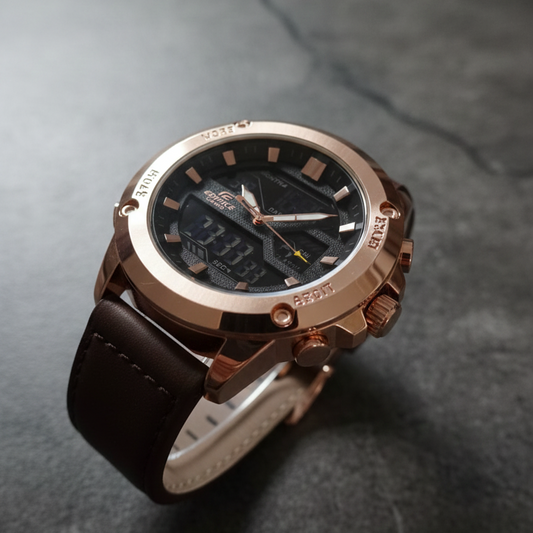 The Apex Emerald Field Watch Featuring a Brushed Rose Gold Bezel Multi Function Chronograph Dial