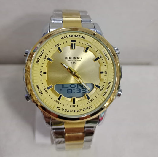 Dual-Display Ana-Digi Executive Sports Watch – 10-Year Battery Life & Water Resistant (Golden with black dial)