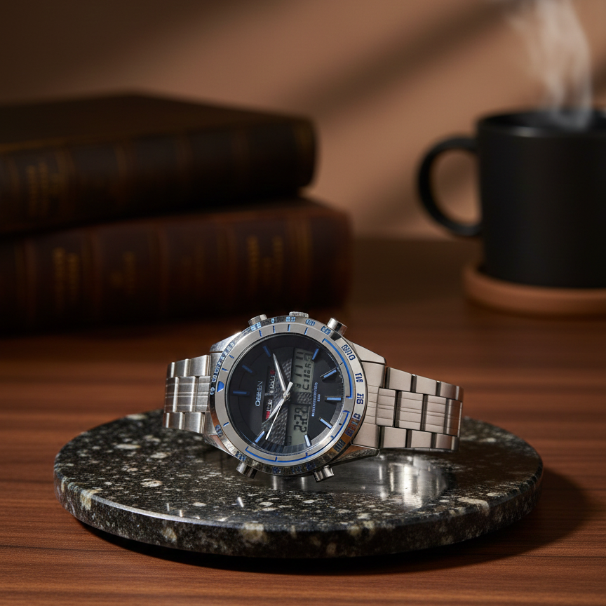 OHSEN Tactical Hybrid: Men’s Dual-Display Stainless Steel Sport Watch