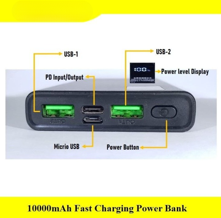 10000mAh Power Bank  PD Fast Charging with Digital Display &amp; Full Capacity Backup (Random color)